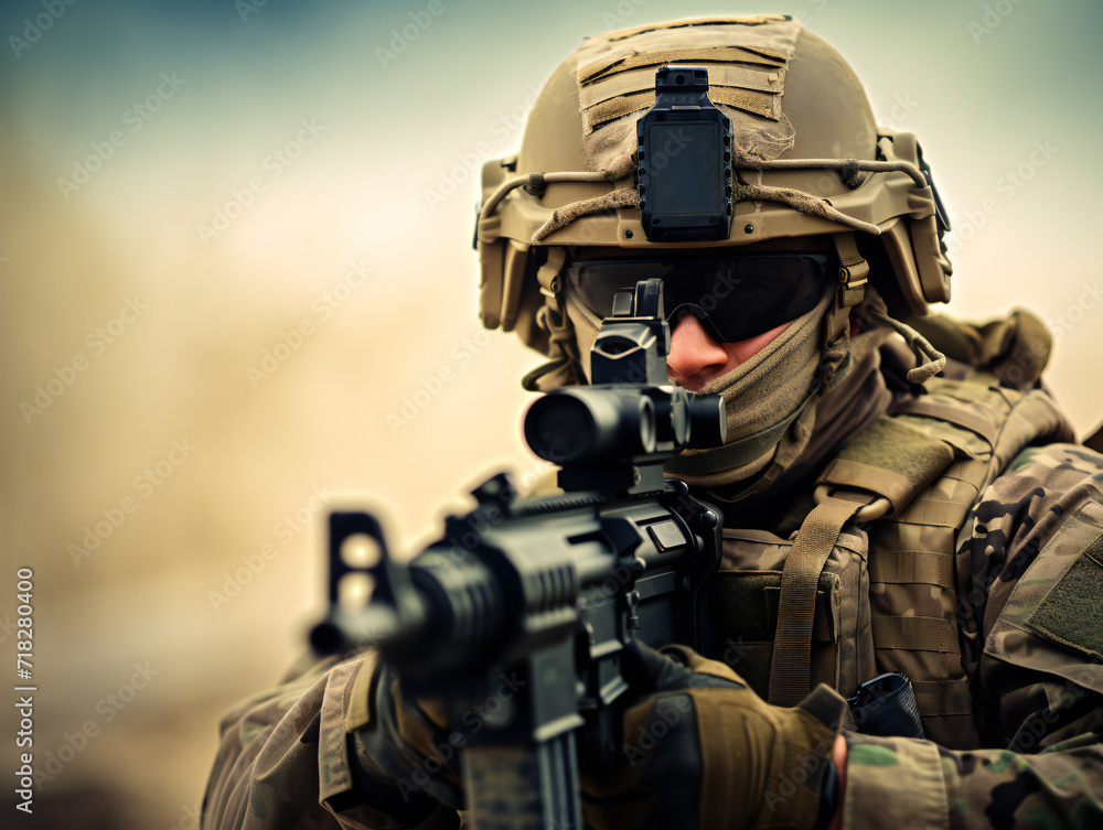 Portrait of a special forces soldier in uniform with assault rifle. Portrait of a special forces soldier in uniform with assault rifle.