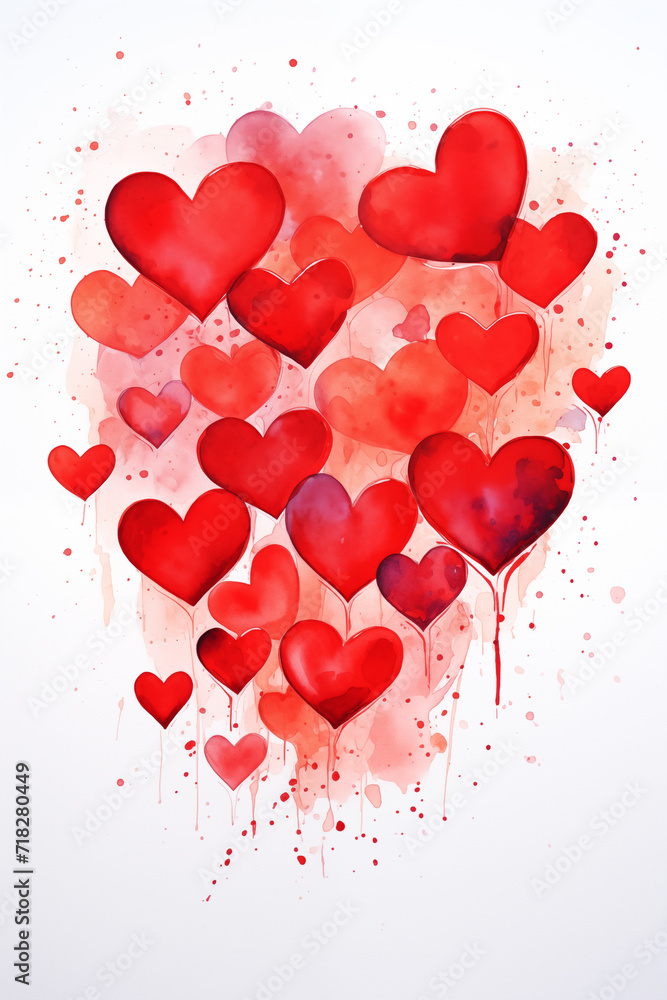 Red watercolor hearts on a white background. Valentine's day.