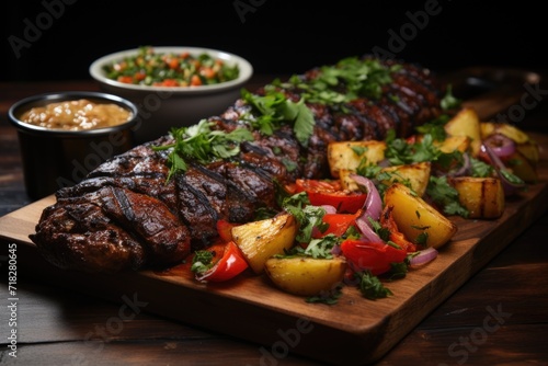 A photo of Top view of meat kebab with potatoes and vegetables. Generative AI