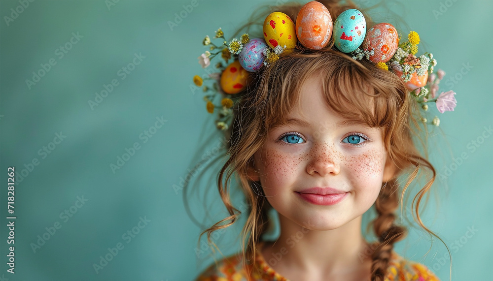 Cute little girl having fun with Easter egg in hair and decorative spring flowers. Pastel green background. Kids Easter spring costume. Happy Easter design Cute little girl having fun with Easter egg in hair and decorative spring flowers. Pastel green background. Kids Easter spring costume. Happy Easter design