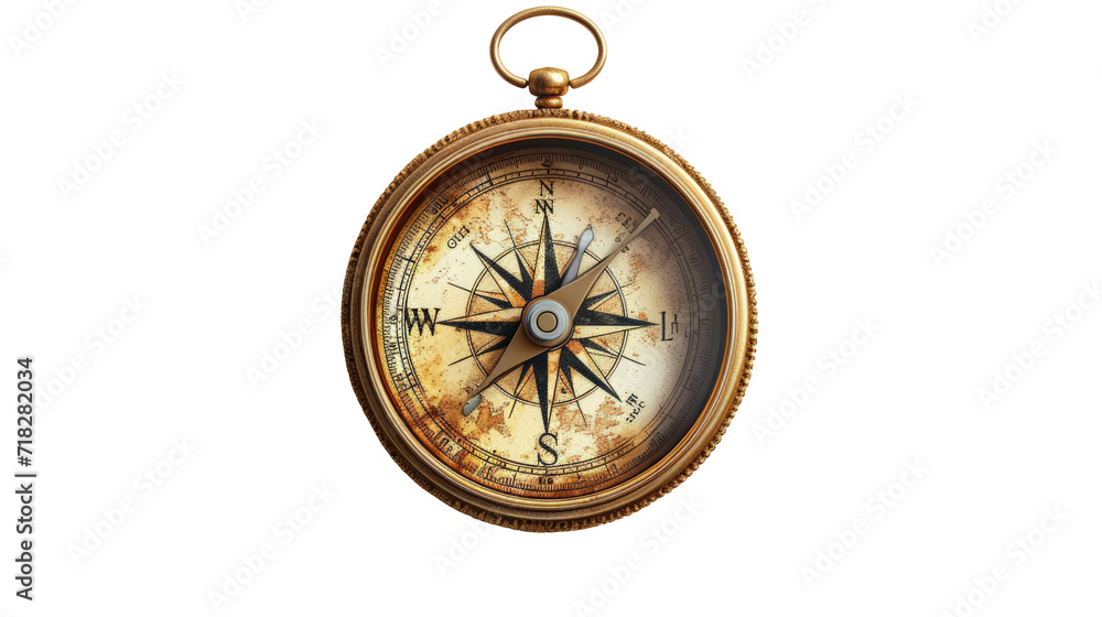 Vintage brass compass isolated on transparent background