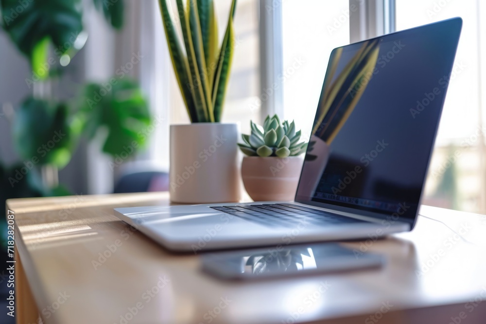 Minimalistic workspace with a modern laptop, smartphone, and potted succulent on a sleek desk
Minimalistic workspace with a modern laptop, smartphone, and potted succulent on a sleek desk
