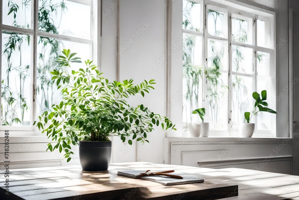plant on a table next to a window with a white wall behind it nature concept