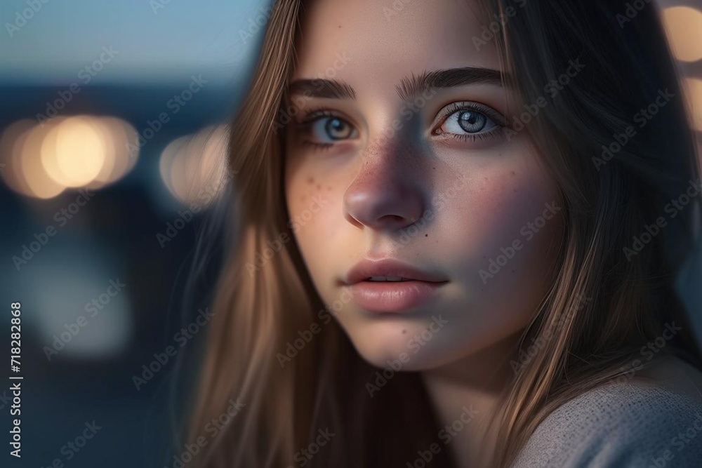 Professional photo of a young mysterious naturally beautiful girl, in a noisy city, soft natural volumetric cinematic ideal light, chiaroscuro Professional photo of a young mysterious naturally beautiful girl, in a noisy city, soft natural volumetric cinematic ideal light, chiaroscuro