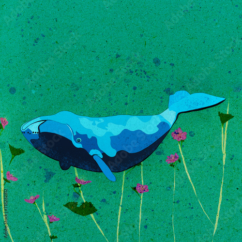 Ilustracja grafika niebieski wieloryb zielono turkusowa woda i wodne kwiaty.