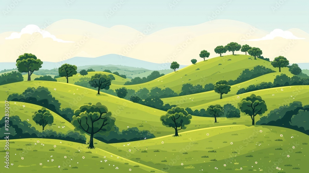 Serene Panoramic Landscape with Green Silhouettes of Trees and Hills Generative AI