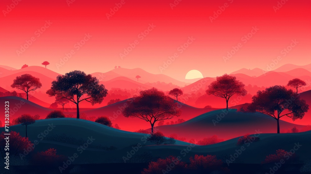 Vibrant Panoramic Landscape with Red Silhouettes of Trees and Hills Generative AI