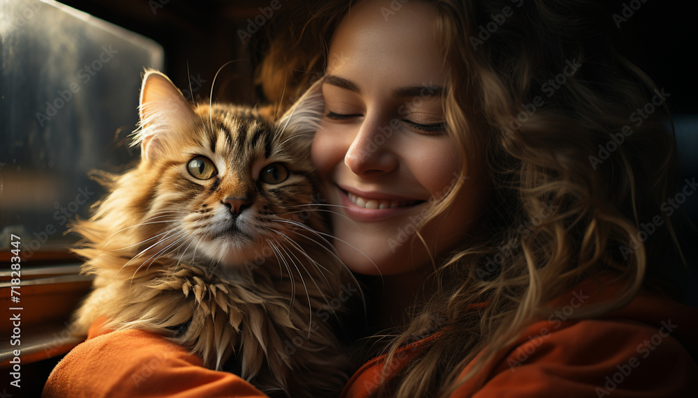 A cute cat and a smiling woman, pure happiness generated by AI A cute cat and a smiling woman, pure happiness generated by AI