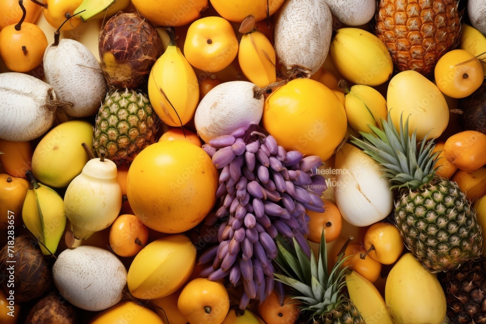 Assortment of vibrant tropical fruits, neatly arranged on a clean surface, in the style of light yellow and light orange
Assortment of vibrant tropical fruits, neatly arranged on a clean surface, in the style of light yellow and light orange