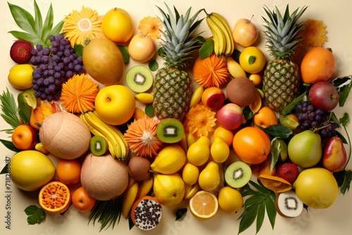 Assortment of vibrant tropical fruits, neatly arranged on a clean surface, in the style of light yellow and light orange 