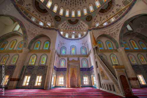 Kocatepe Mosque Kocatepe Camii interior. The mosque is the largest mosque in Kocatepe quarter in Kizilay in Cankaya District  city of Ankara  Turkey. 