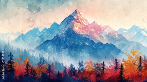 Colorful Mountain Peak and Tree Landscape on Watercolor Illustration Painting Background Generative AI © AlexandraRooss