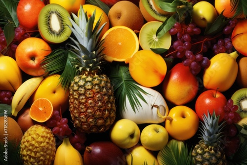 Assortment of vibrant tropical fruits, neatly arranged on a clean surface, in the style of light yellow and light orange  © cff999