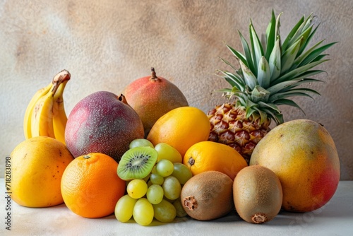 Assortment of vibrant tropical fruits  neatly arranged on a clean surface  in the style of light yellow and light orange 