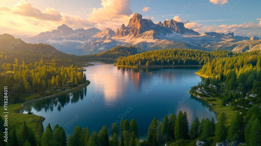 Aerial View of Dolomites Lake and Alps Peak in Misurina, Italy Generative AI