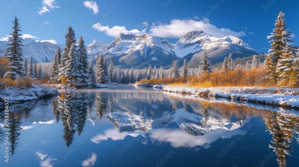 Winter Reflection of Rocky Mountains in Bow River, Alberta, Canada Generative AI