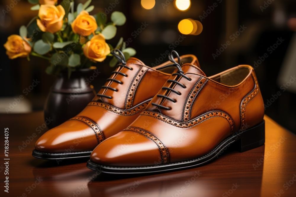 Dress shoes pair brown boot with flowers in pot Generative AI Dress shoes pair brown boot with flowers in pot Generative AI
