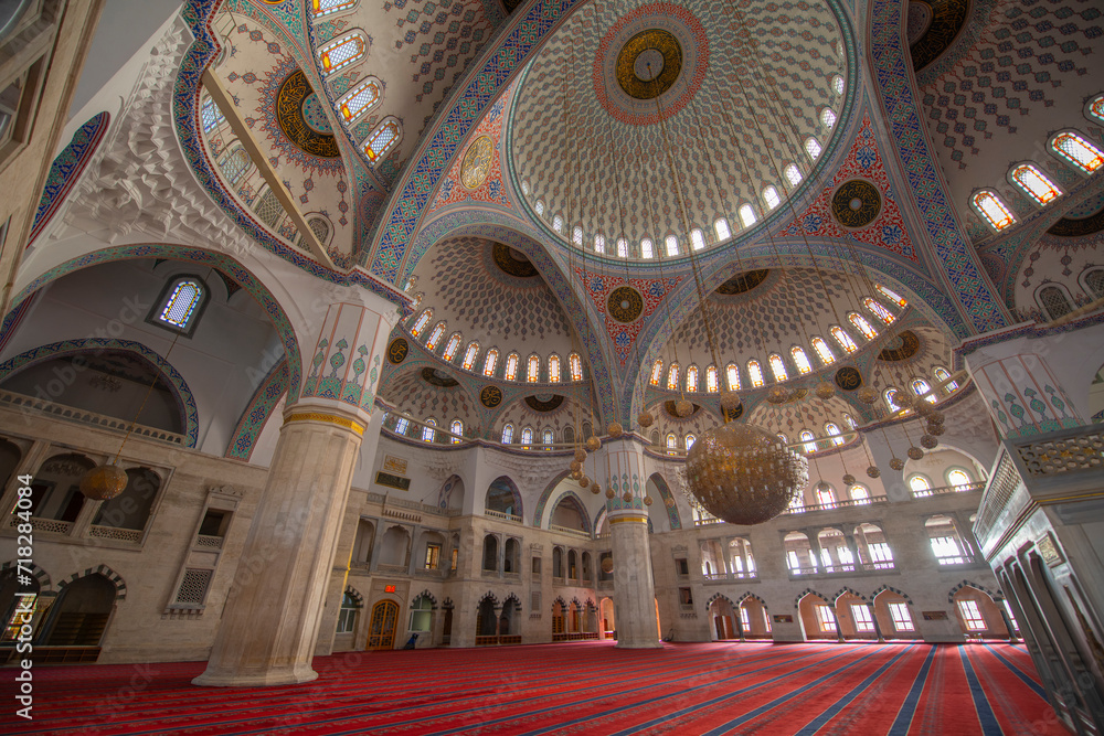 Kocatepe Mosque Kocatepe Camii interior. The mosque is the largest mosque in Kocatepe quarter in Kizilay in Cankaya District, city of Ankara, Turkey. 