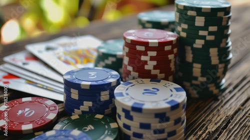Casino chips and playing cards on green table. Close-up. Poker concept. Casino concept with copy space. Online casino. Gambling concept with copy space.