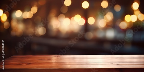 Blurred lighting reflects on wooden table top in a night cafe/restaurant background.