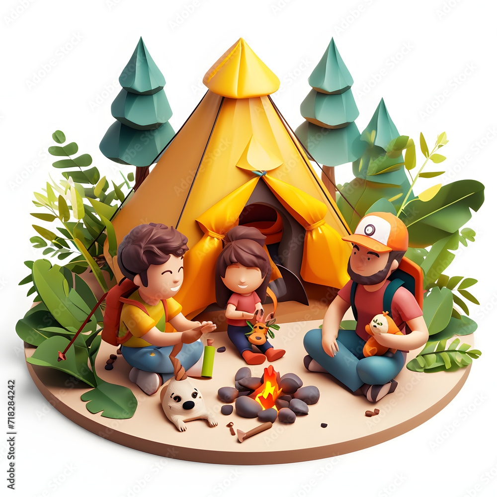 Family camping trip scene isolated on white background, hyperrealism, png
