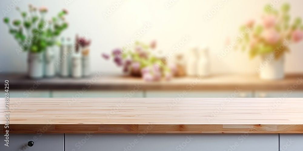 Empty table in front of a blurred modern kitchen room - ideal for product display or montage. Empty table in front of a blurred modern kitchen room - ideal for product display or montage.