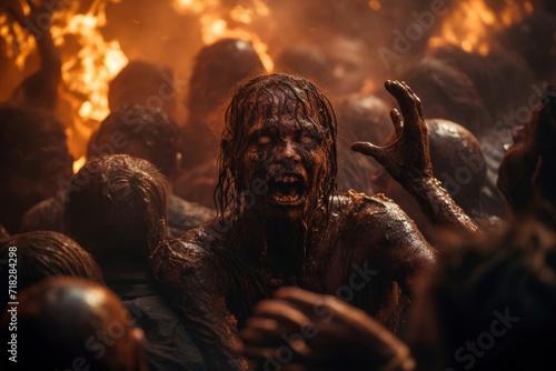 View of zombies with burning background