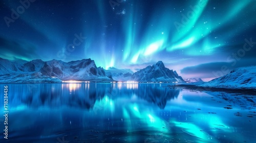Night Winter Landscape with Aurora Borealis on the Lofoten Islands, Norway Generative AI