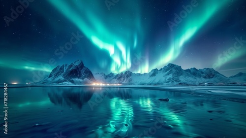 Night Winter Landscape with Aurora Borealis on the Lofoten Islands  Norway Generative AI