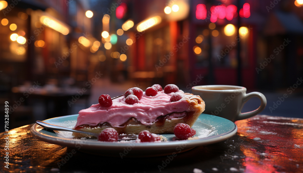A gourmet dessert plate with fresh fruit and chocolate generated by AI A gourmet dessert plate with fresh fruit and chocolate generated by AI