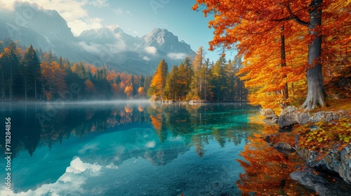 Serene Autumn Sunrise Scene with Trees and Turquoise Water at Hintersee Lake Generative AI