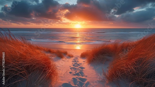 Golden Sunset Over Beautiful Dunes Beach in North Sea Germany Generative AI