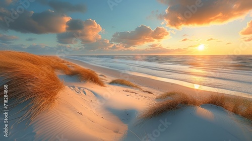 Golden Sunset Over Beautiful Dunes Beach in North Sea Germany Generative AI