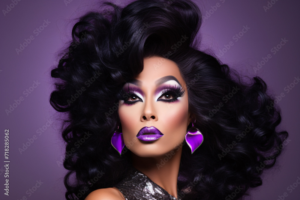 Portrait of drag queen with dramatic makeup and big black hair in front of purple background