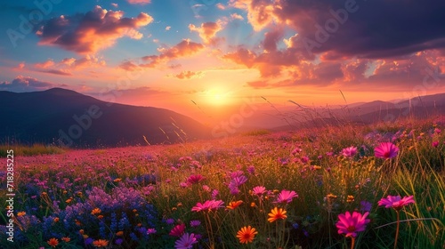 Colorful Sunset Landscape over Meadow in Evening Generative AI © AlexandraRooss