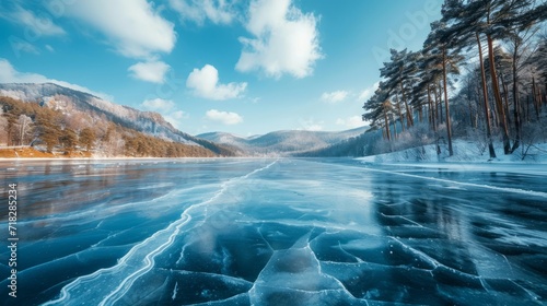 Frozen Lake with Blue Ice and Cracks under a Blue Sky in Winter Generative AI photo