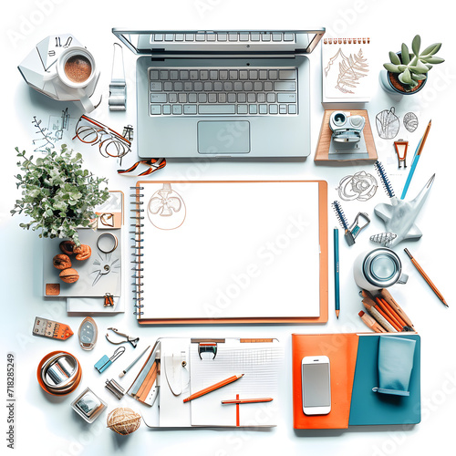Aesthetic flat lay of a creative workspace isolated on white background, doodle style, png 