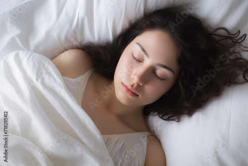 Woman with dark hair sleeping on white pillow