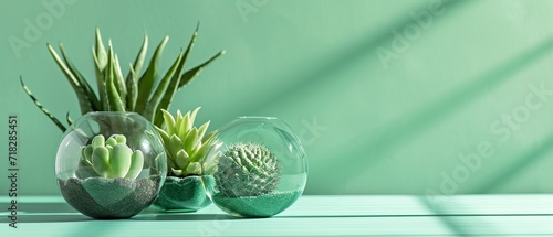 glass vase and cactus on green background