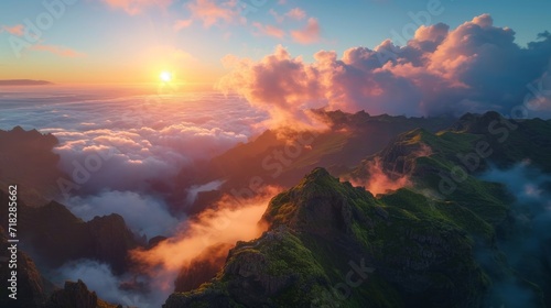 Aerial View of Pico do Arieiro at Sunset in Madeira, Portugal Generative AI photo