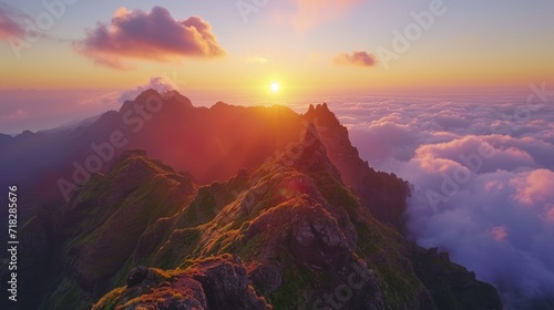 Aerial View of Pico do Arieiro at Sunset in Madeira, Portugal Generative AI photo
