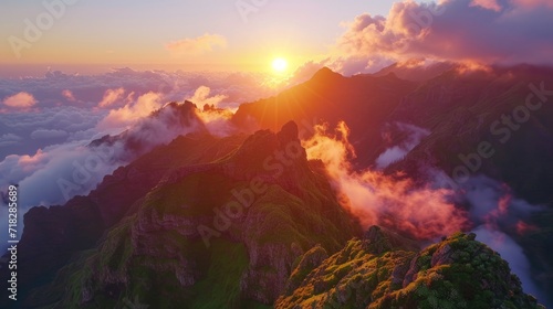 Aerial View of Pico do Arieiro at Sunset in Madeira, Portugal Generative AI