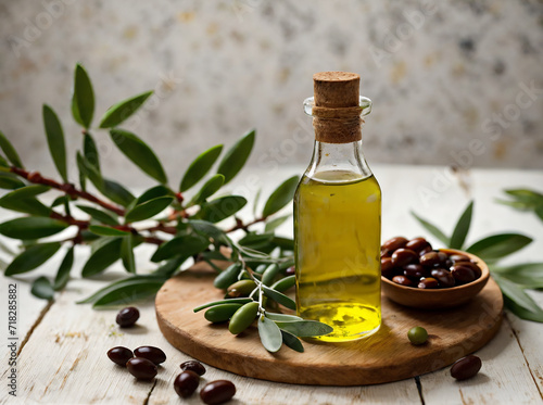 Healthy Mediterranean food extra virgin olive oil and olive branch in bottle on white podium light green background