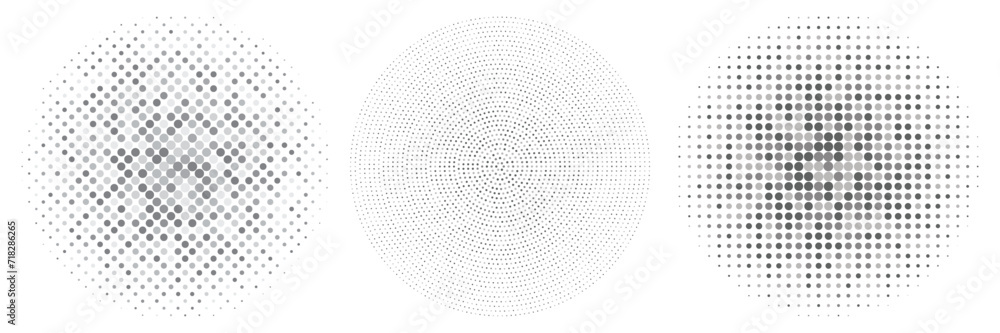 Abstract Silver circle halftone set. Grey dotted halftone pattern isolated on transparent background. Vector illustration.