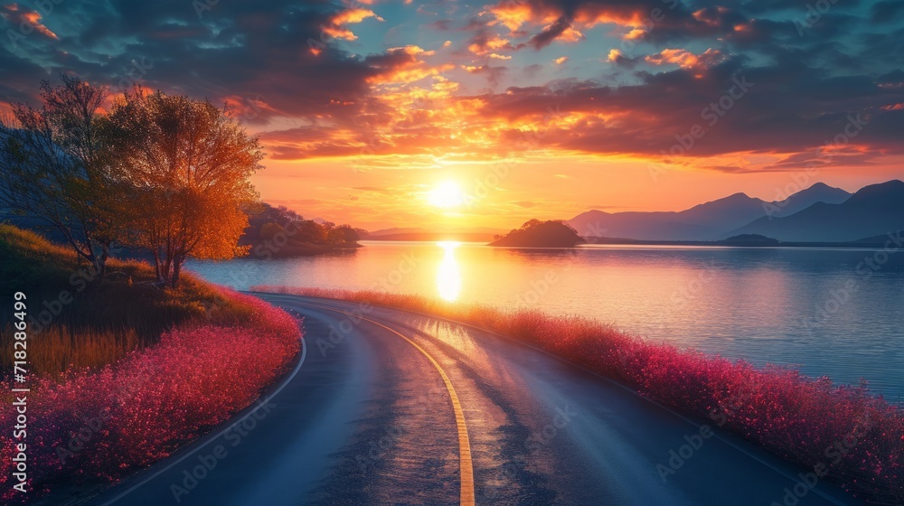 Serene Sunset Over Lake and Road Generative AI