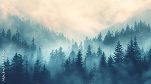 Misty Fir Forest in Vintage Retro Style Generative AI