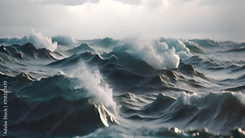Powerful storm on the ocean. Foamy sea waves rolling and splashing over water surface against cloudy blue gray dramatic sky sea Powerful storm on the ocean. Foamy sea waves rolling and splashing over water surface against cloudy blue gray dramatic sky sea