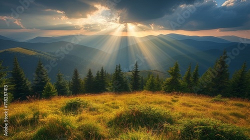 Sunlit Ukrainian Carpathian Mountain Landscape Generative AI photo