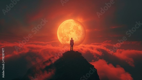 Silhouette of person standing on a mountain top looking at the moon
