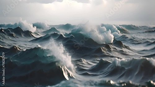 Powerful storm on the ocean. Foamy sea waves rolling and splashing over water surface against cloudy blue gray dramatic sky sea photo